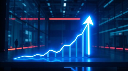 glowing graph with an upward arrow, representing growth and progress in a futuristic digital style. Neon blue