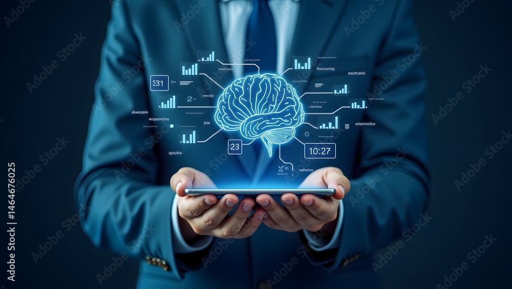 Poster an innovative visual of a person showcasing a holographic brain projection