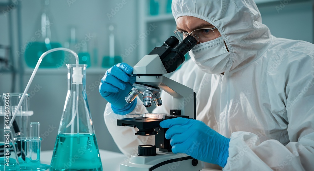 Poster scientist in protective gear using a microscope in a modern laboratory setting for research and deve