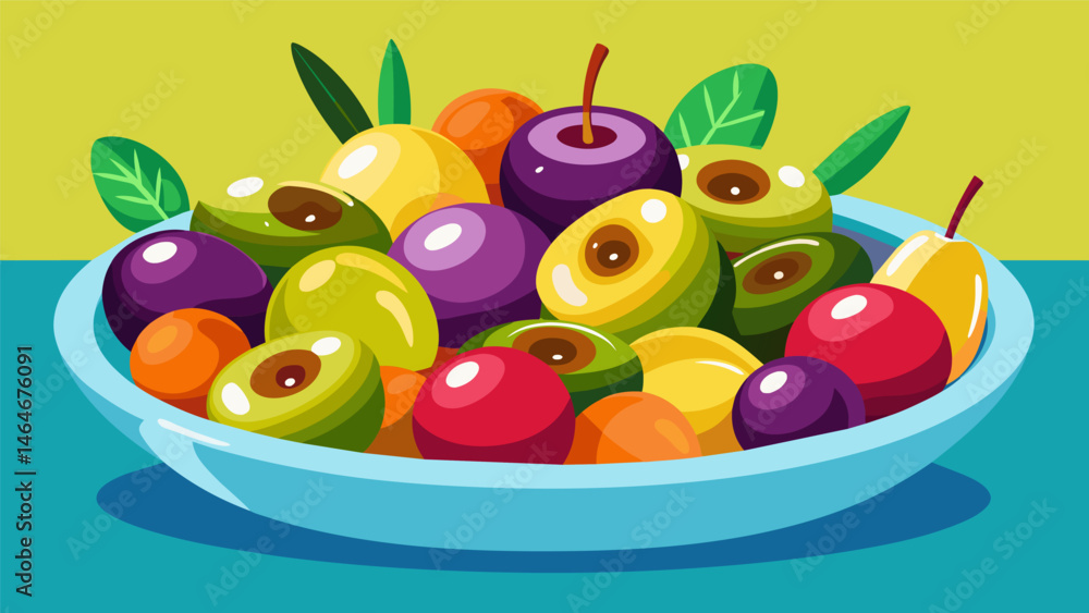 Poster a colorful assortment of marinated olives combining different flavors and textures to create a palat