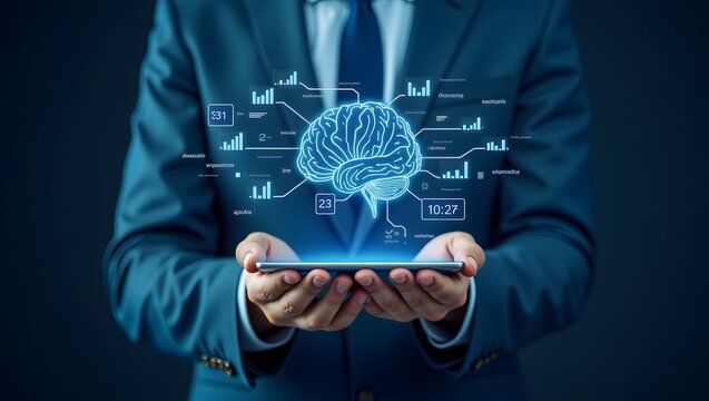 An innovative visual of a person showcasing a holographic brain projection