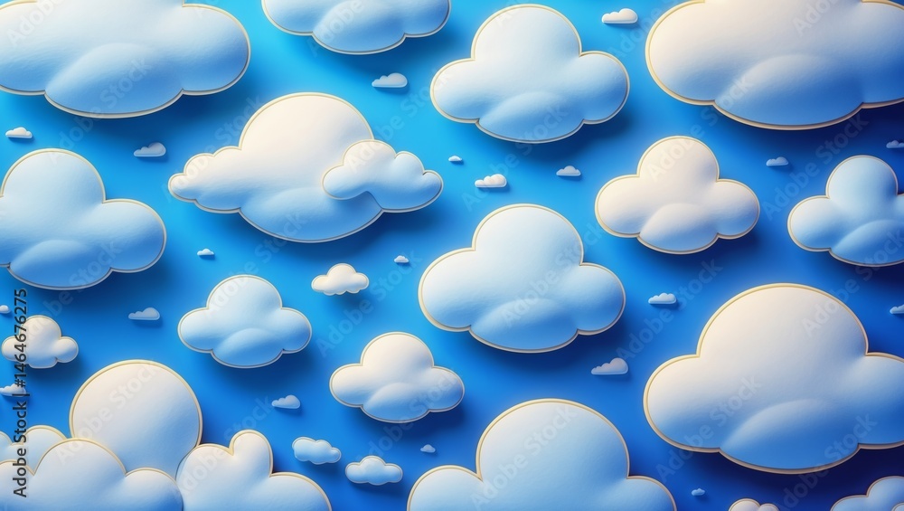 Poster a collection of puffy, white clouds floating in a bright blue sky. the fluffy clouds create a whimsi