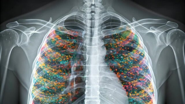 Health Impact of Microplastics, A lung X-ray overlaid with digital microplastic imagery for health and environmental awareness.