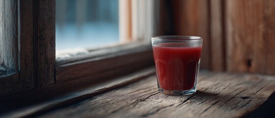 A glass of refreshing juice sitting on a rustic windowsill, capturing the essence of a quiet, cozy moment.