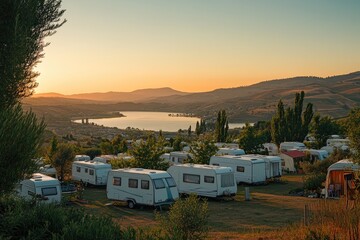 Campsite overlooking lake at sunset