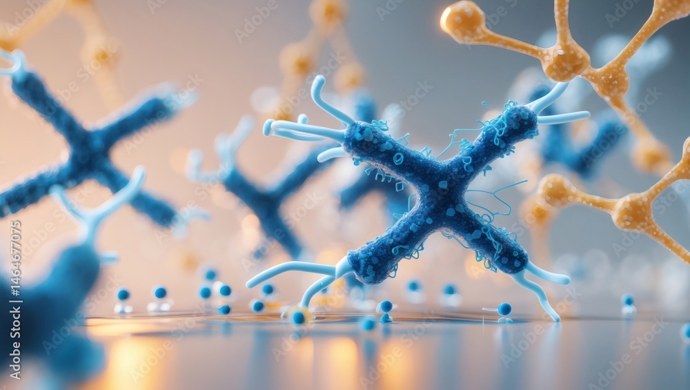 Poster microscopic view of abstract blue and yellow molecules, with intricate, futuristic design and a sens
