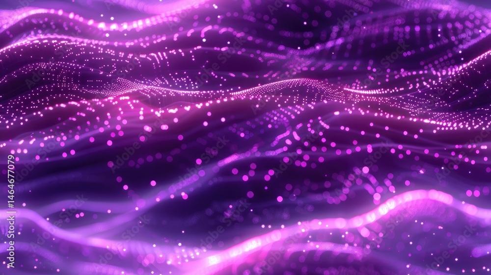 Poster abstract purple and pink digital waves with light particles. artwork of digital glowing pink dots co