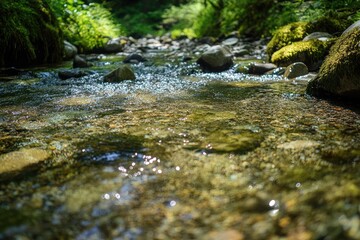 Fototapeta premium Crystal-clear mountain stream, rocks, and foliage. Sunlight dances on water