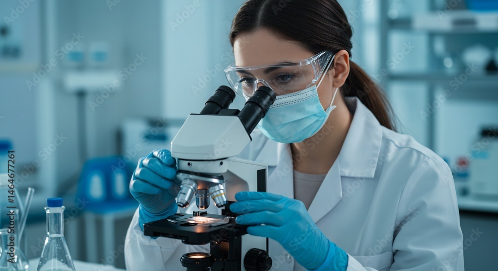 Poster female scientist in lab coat using a microscope for research and development