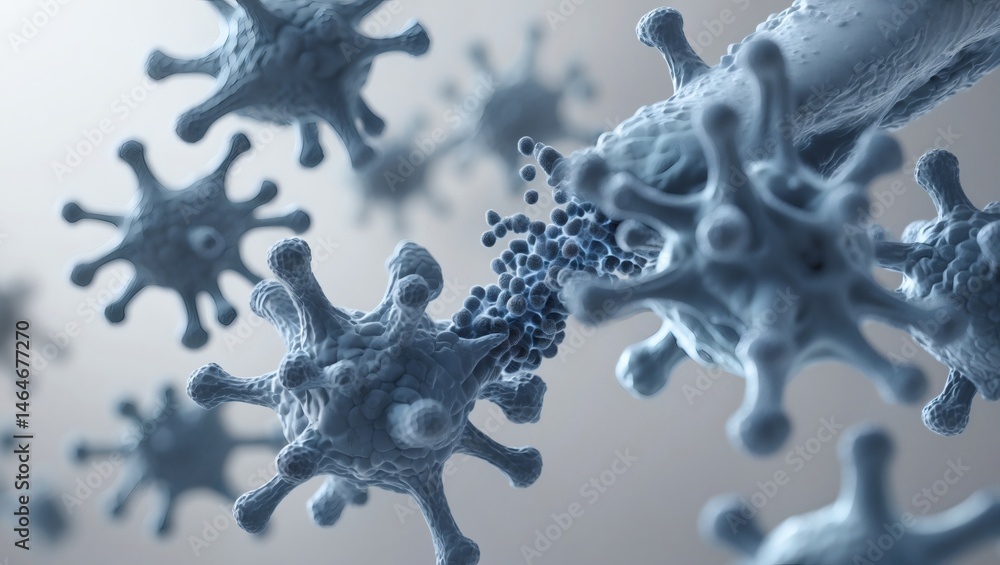 Poster microscopic image of virus cells with blue color and spiky shapes, representing the current pandemic