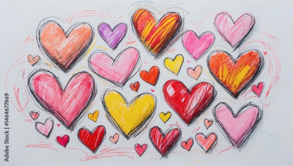 Poster colorful hand-drawn hearts of various sizes and shades. the hearts are clustered together creating a