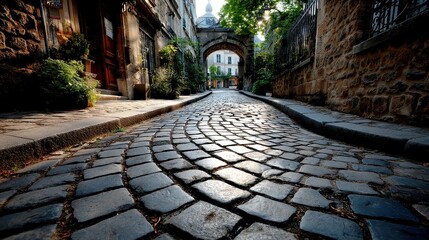 Parisian Cobblestone Elegance, smooth rounded stones create a vintage charm, embodying the artistry of Montmartre, inviting exploration of its historic streets.