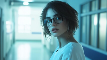 Elegant woman with glasses standing in hospital interior, gazing thoughtfully to the side, wearing a white shirt and short hair, portrayed in cinematic style with soft shadows