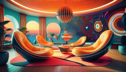 futuristic retro lounge with egg chair sputnik chandelier and atomic patterned wallpaper transform your space with this vintage chic vibe