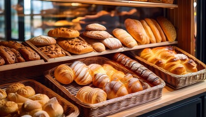 variety of delicious pastries and bread arranged on bakery shelf fresh sweet pastry and baked bread in bakery window display assorted display of bakery products for sale