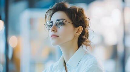 Elegant woman with glasses standing in hospital interior, gazing thoughtfully to the side, wearing a white shirt and short hair, portrayed in cinematic style with soft shadows