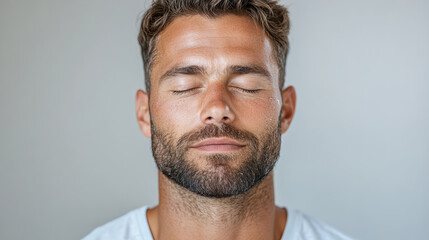 Fototapeta premium Calm man with closed eyes, relaxed expression, and beard, enjoying moment of peace