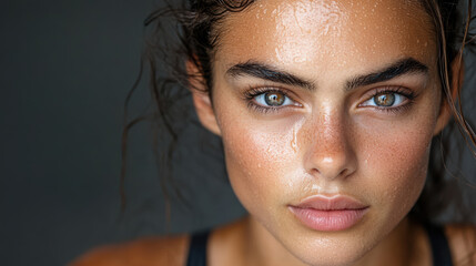 Intense close up of athletic woman with glistening skin, showcasing determination and focus