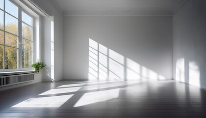 a clean white room with sunlight streaming in through the window casting shadows on an empty wall