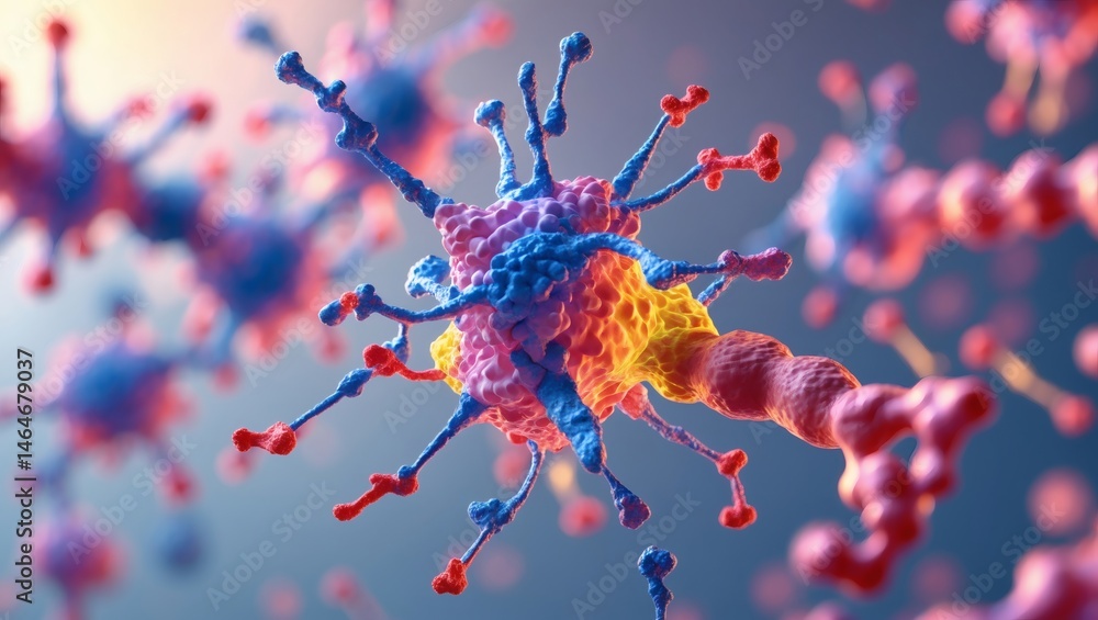 Poster vivid illustration of a microscopic virus, highlighting its complex structure and vibrant colors.