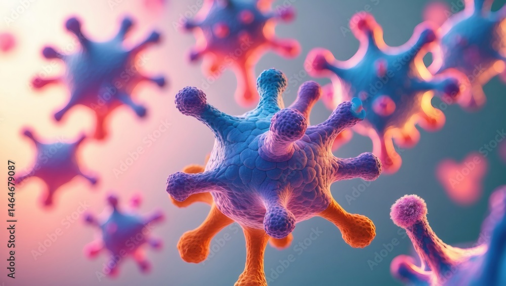 Poster vibrant and detailed view of virus cells, highlighting their complex structures and potential threat