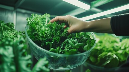 Hands harvesting fresh organic leafy greens in modern urban vertical hydroponic farm under LED glow lights. 
