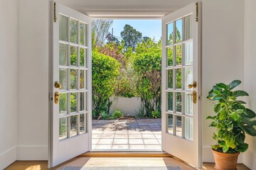 Sunlight streams through a wide open French door onto a patio garden
