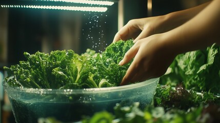 Hands harvesting fresh organic leafy greens in modern urban vertical hydroponic farm under LED glow lights. 