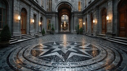 Obraz premium Vienna Imperial Palace Courtyard, polished light-gray cobblestones create classical symmetry, inviting exploration of history and elegance in an expansive, serene setting.