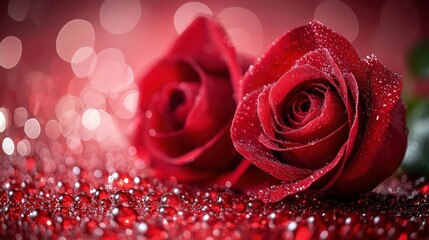 Two red roses with water droplets