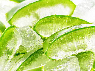 Obraz premium Fresh aloe vera leaves surrounded by ice cubes create a refreshing display