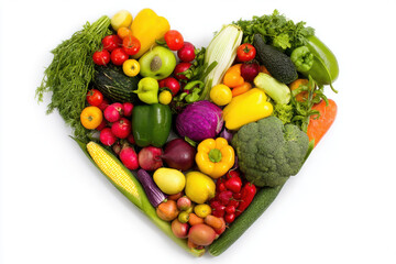 Colorful display of fresh vegetables arranged in heart shape representing healthy eating and love for food