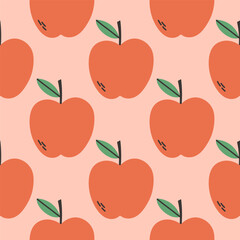 Apple summer pattern on pink background. Simple seamless pattern with apples. Vector design for greeting card and invitation of seasonal summer holiday