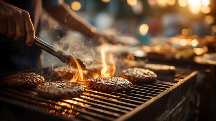 A person using tongs to flip burgers on a hot grill with a fiery flame underneath them.