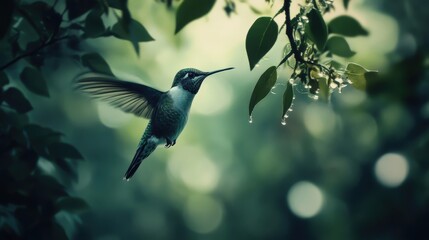 Fototapeta premium A hummingbird, wings a blur against a backdrop of lush greenery, hovers near blossoms.