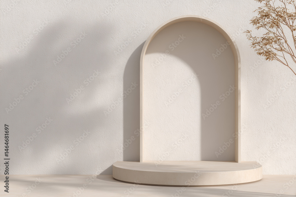 Poster Minimalist display pedestal with arch design in neutral tones and soft shadows