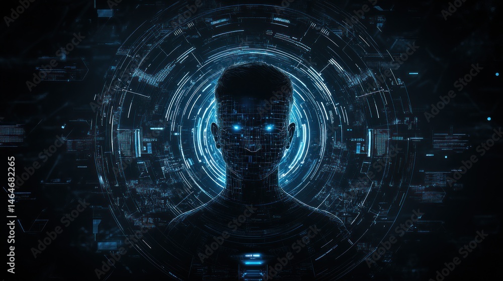 Poster digital human head with circuitry and data streams