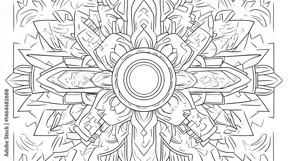 Poster intricate mandala design symmetrical circular pattern in black and white line art