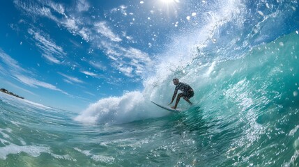 A surfer expertly carves through a powerful wave under a radiant sun in the ocean.