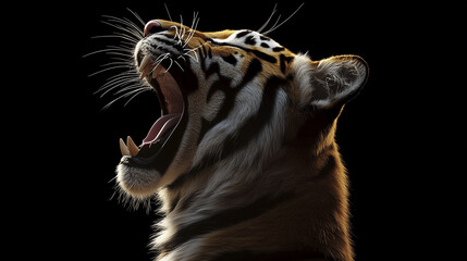 Obraz premium A tiger with its mouth wide open, showcasing sharp teeth and a fierce expression. The background is dark, emphasizing the tiger’s detailed fur pattern and intense demeanor.
