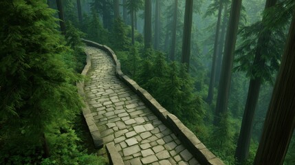 Serene stone pathway winding through a lush green forest with towering trees and soft mist