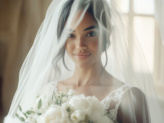 Elegant bride with bouquet and veil in a soft-lit venue before ceremony