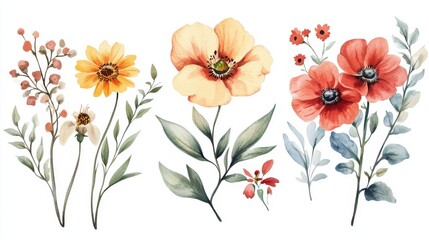 Watercolor floral arrangement featuring orange, yellow, and red flowers with greenery on white background