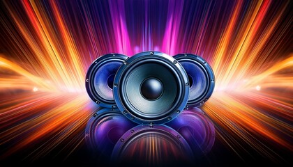 row of dynamic audio speakers with vibrant neon light background and reflective surfaces creating a high energy music and sound technology visual for futuristic party or dj themed designs