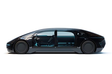 Side view of a futuristic black vehicle with open doors on a white background in studio shot