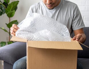 Person Unboxing Online Shopping Delivery – Realistic Packaging Experience, Close-Up