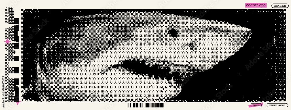 Poster digital art representation of a shark, blending bitmap aesthetics with y2k style influences