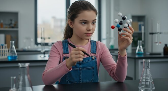 Young girl scientist studying molecular model in a school laboratory, holding a pen and carefully examining the structure. - Powered by Adobe