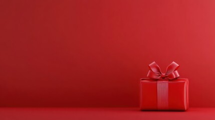 Red gift box with ribbon on red background minimalist holiday design
