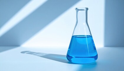 Erlenmeyer Flask with Bright Blue Liquid in a Lab Setting Scientific Experiment Research
